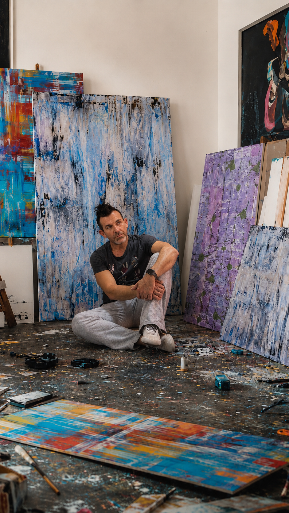 G. seated among works in progress